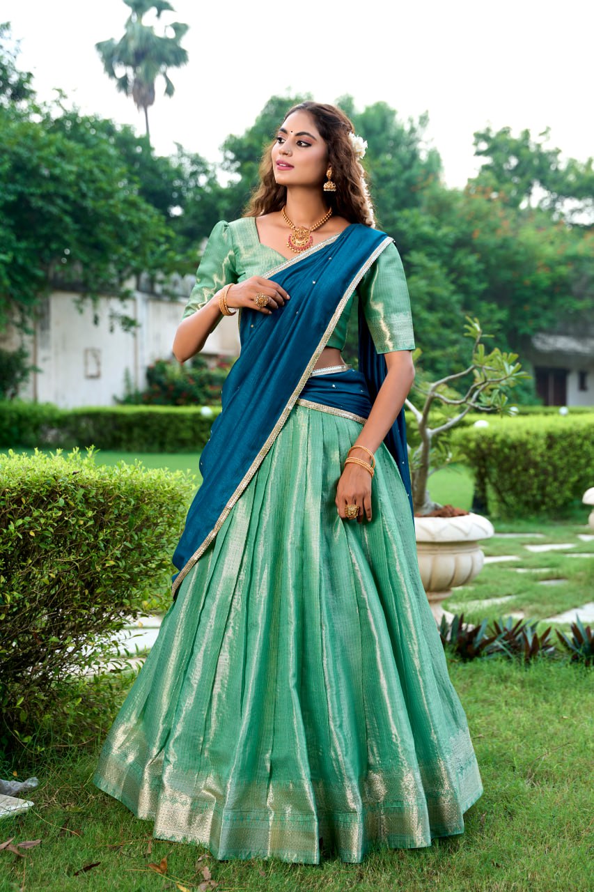 Sea Green Kanchipuram Lehenga Choli with Zari Weaving Work & Vichitra Silk Embroidered Dupatta