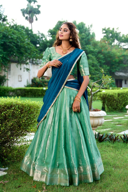 Sea Green Kanchipuram Lehenga Choli with Zari Weaving Work & Vichitra Silk Embroidered Dupatta