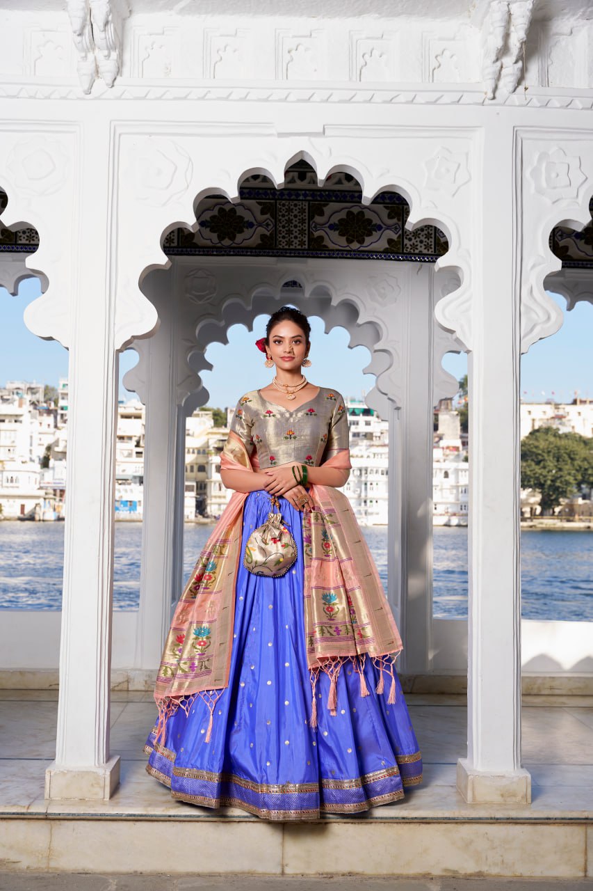Blue Paithani Traditional Lehenga Choli with Dupatta & Zari Weaving