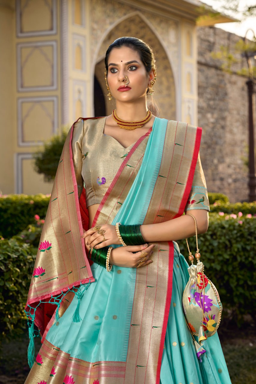 Sea Blue Paithani Lehenga Choli with Zari Weaving Work, Dupatta & Batwa