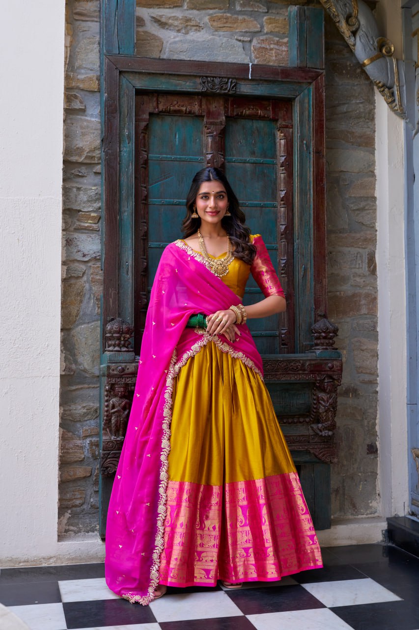 Designer Yellow Lehenga Choli with Zari Weaving & Dupatta