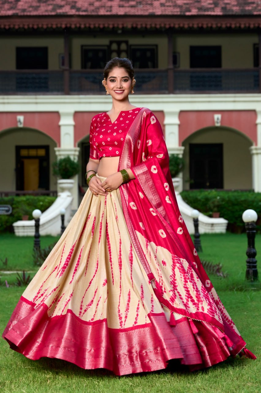 Red Shibori Print Lehenga Choli with Zari Weaving Border & Tassel Dupatta