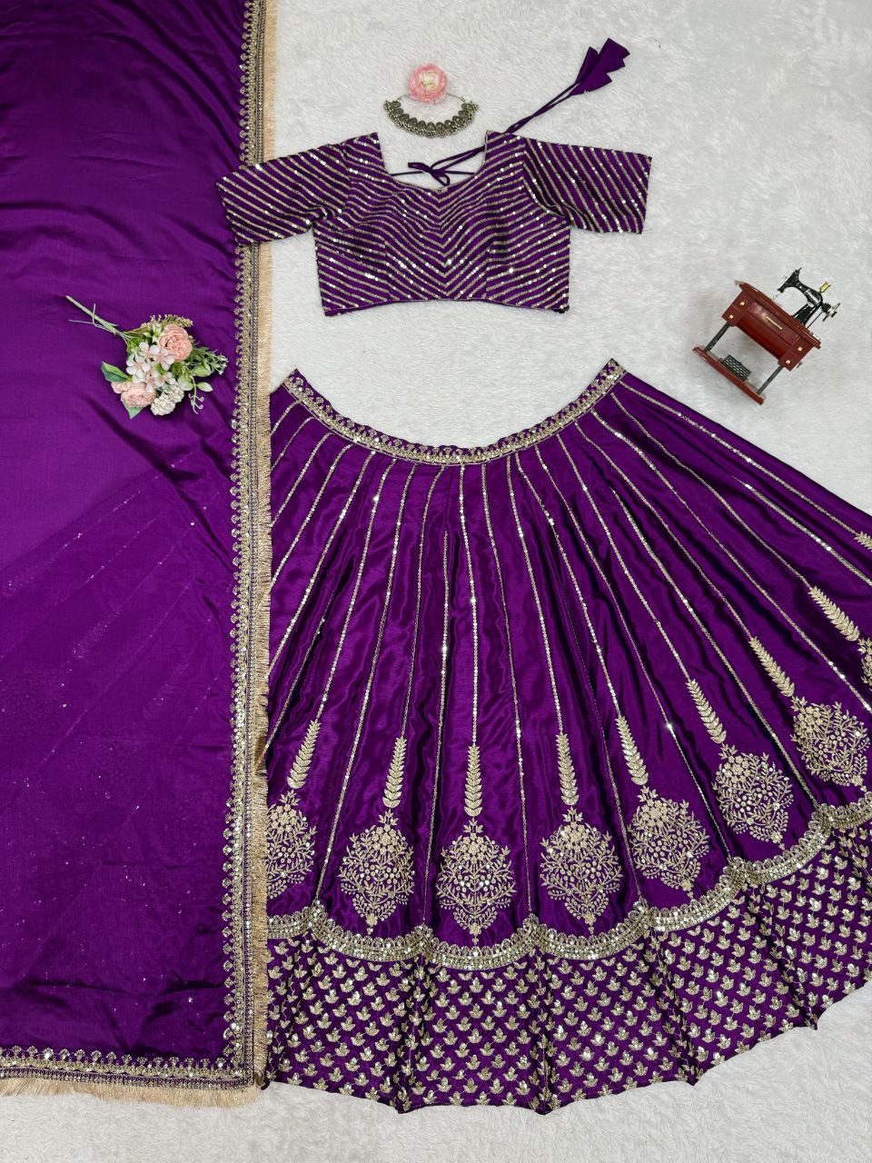 Chinon Silk Lehenga, Sequin Lehenga Choli, Thread Work Lehenga, Full Stitch Lehenga, Lace Border Dupatta, Side Zip Lehenga, 3 Meter Flair Lehenga, Unstitched Blouse, Wedding Wear Lehenga, Festive Ethnic Wear, Lightweight Lehenga Choli, Designer Lehenga Set, Traditional Indian Outfit