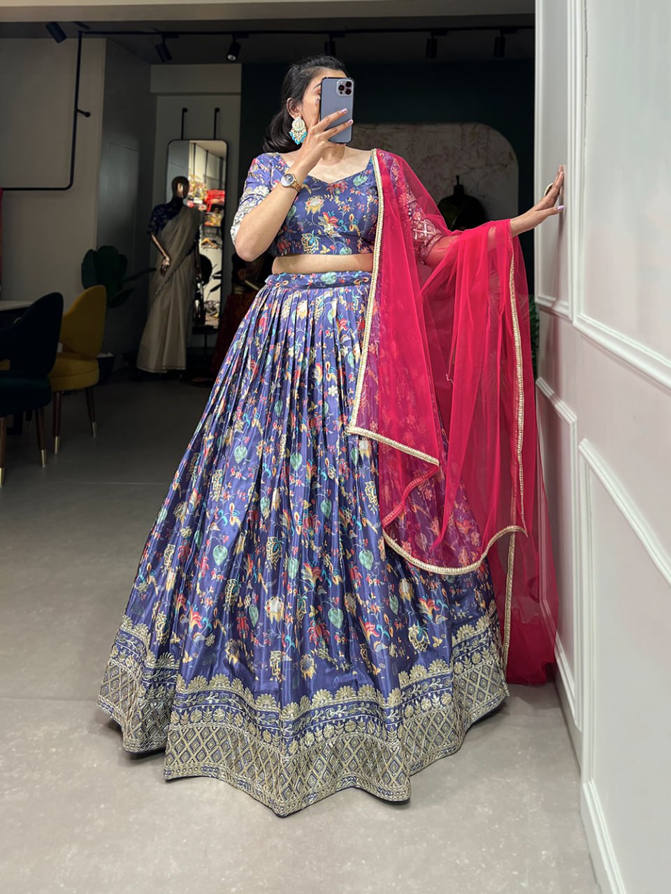Bridesmaid Lehenga 2025, Chinon Embroidered Lehenga, Digital Print Lehenga, Sequin Work Lehenga, Chinon Blouse Fabric, Unstitched Blouse, Net Dupatta with Lace, Canvas Flair Lehenga, 3.5 Meter Flare Lehenga, Stitched Lehenga Choli, Wedding Guest Outfit, Festive Indian Wear, Elegant Bridesmaid Outfit