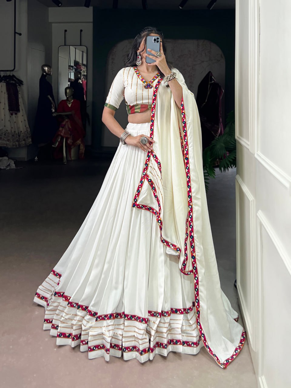 White Rayon Original Mirror Work Gamthi Lehenga Choli