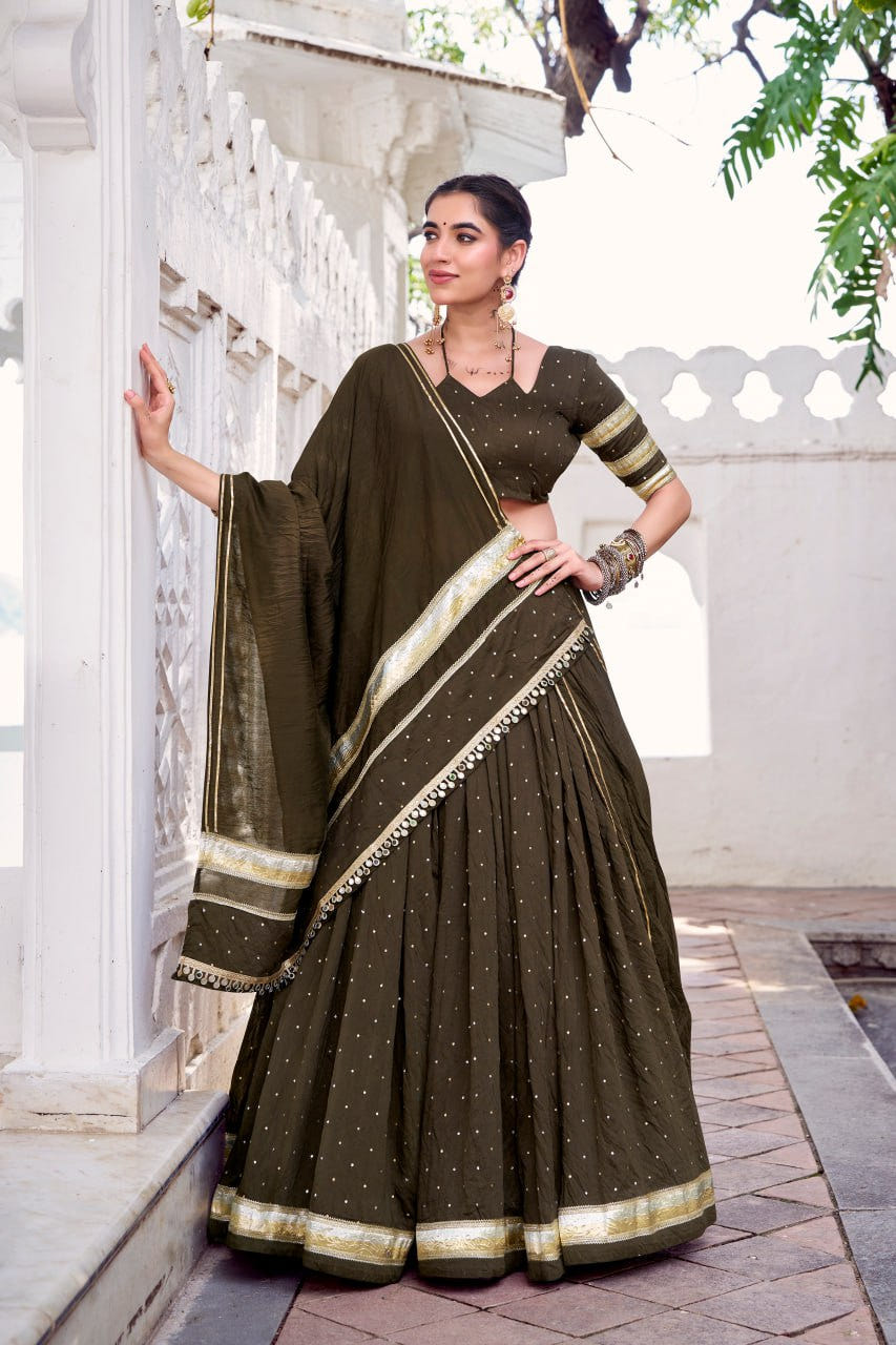Olive Green  Pure Chanderi Silk Lehenga Choli With Zari Weaving & Lace Touch Up