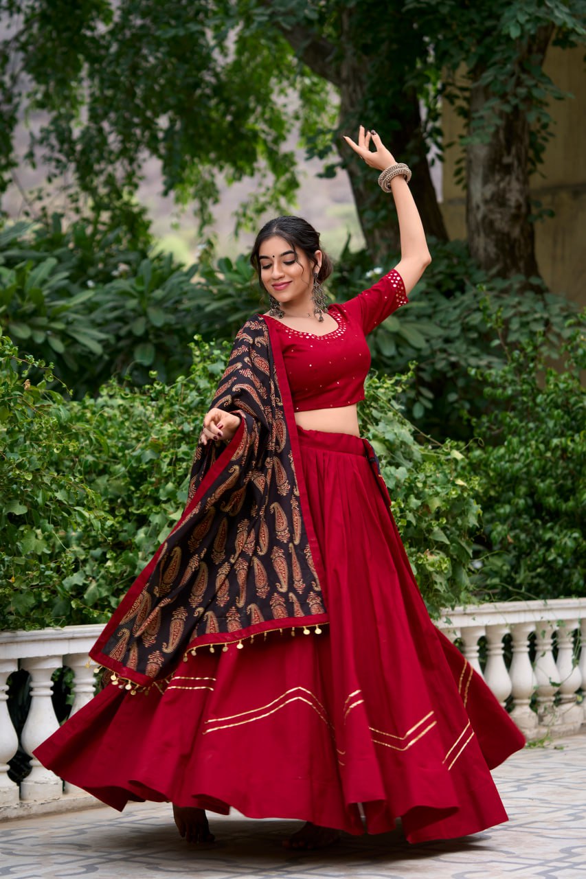 Maroon Pure Cotton Kutchi Hand Work Chaniya Choli with Printed Dupatta for Navratri