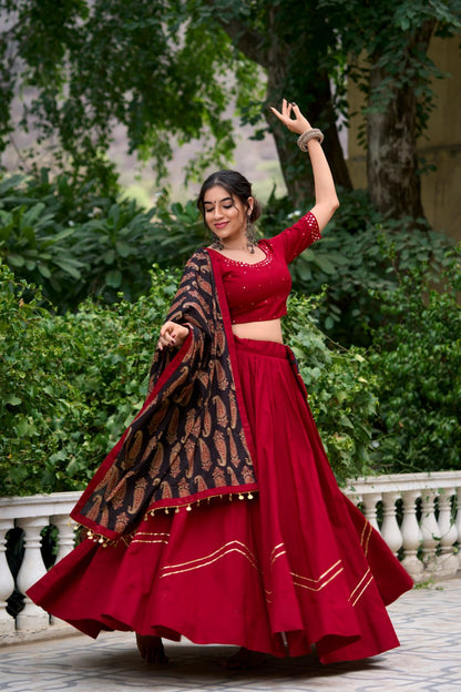 Maroon Pure Cotton Kutchi Hand Work Chaniya Choli with Printed Dupatta for Navratri