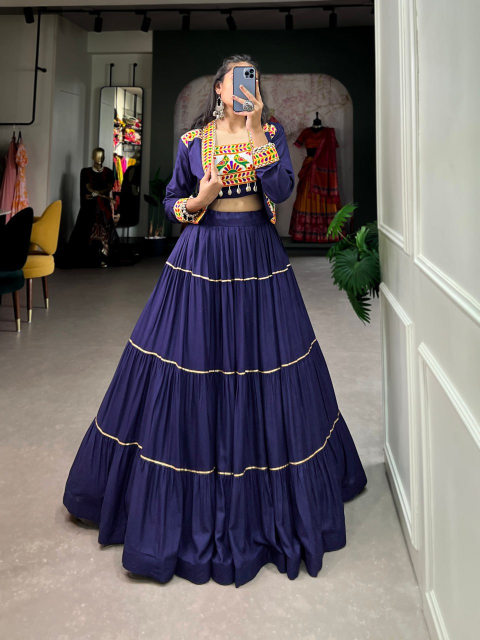 Navratri Lehenga Choli with Koti, Pure Rayon Lehenga Set, Gamthi Work Festival Wear Outfit, Gota Patti Lehenga for Navratri, Designer Navratri Chaniya Choli 2025, Stitched Lehenga Choli with Jacket, Traditional Indian Lehenga Outfit, Cowrie Lace Work Lehenga Choli, Women’s Navratri Garba Dress, Rayon Lehenga Choli with Gamthi Embroidery