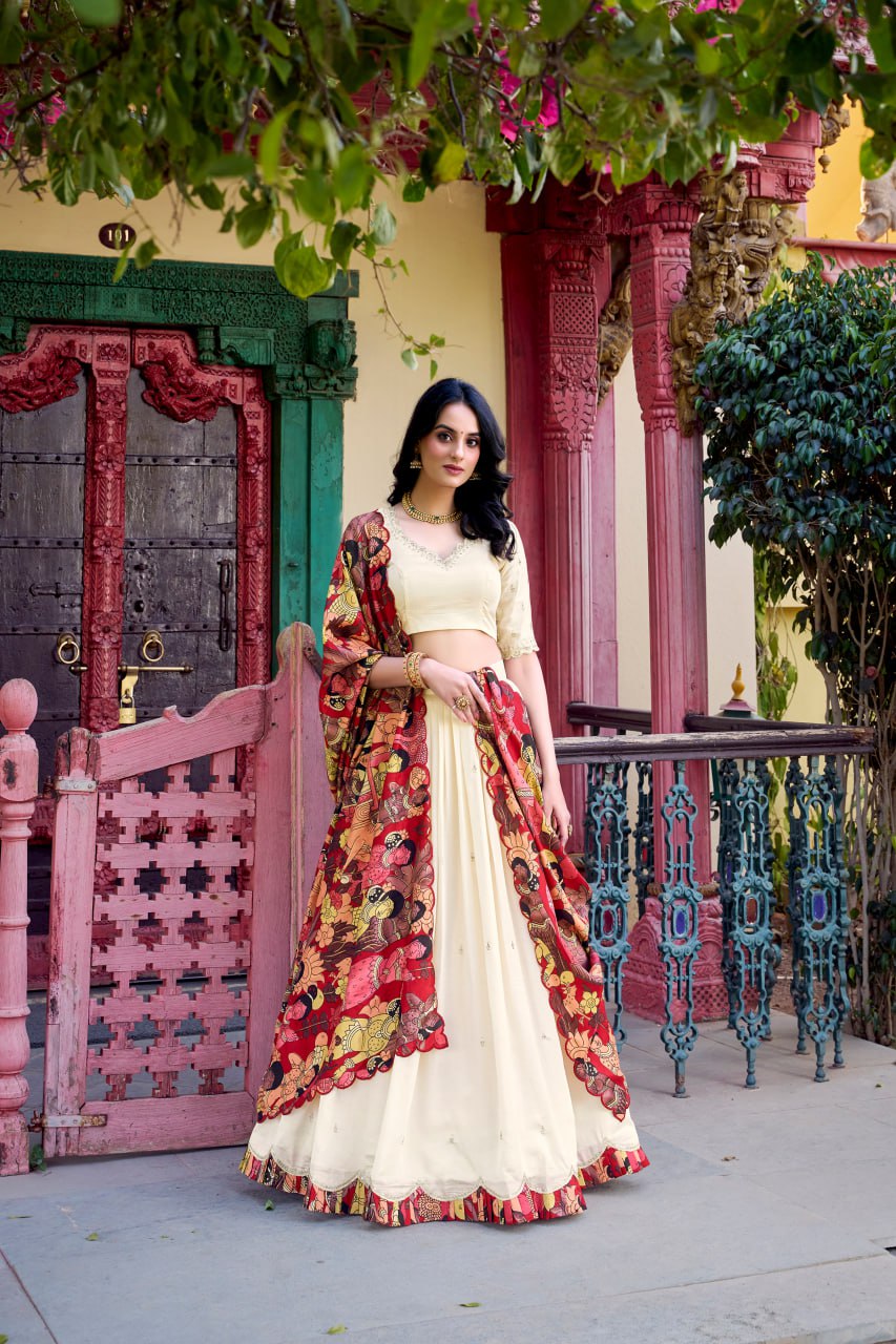 Off White Designer Wedding Lehenga Choli with Foil Print & Dupatta