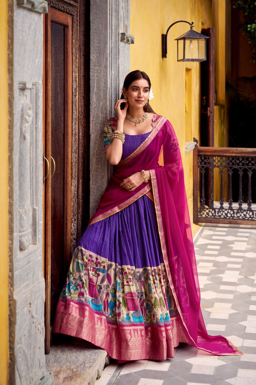 Purple Poly Kalamkari Printed Chanderi Lehenga Choli