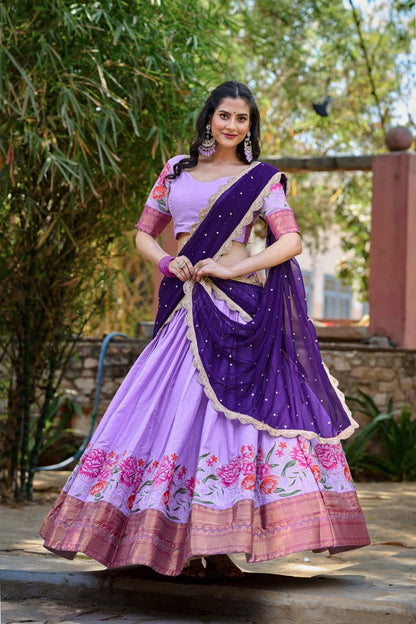 Lavender Cotton Silk Lehenga Choli Thread Embroidery with Drape Georgette Dupatta