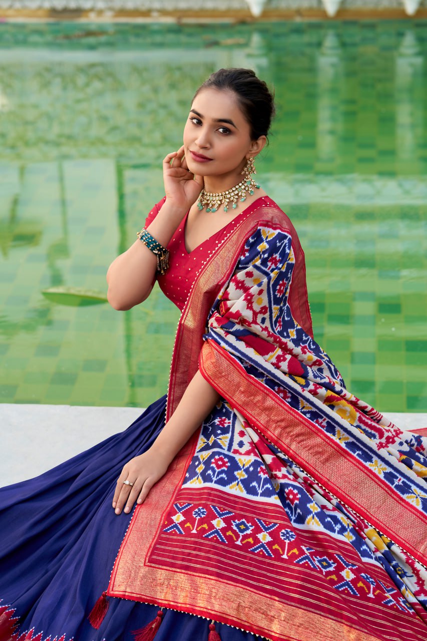 Tussar Silk Traditional Navy Blue Patola Print Chaniya Choli for Navratri with Foil Work & Gotta Patti Dupatta