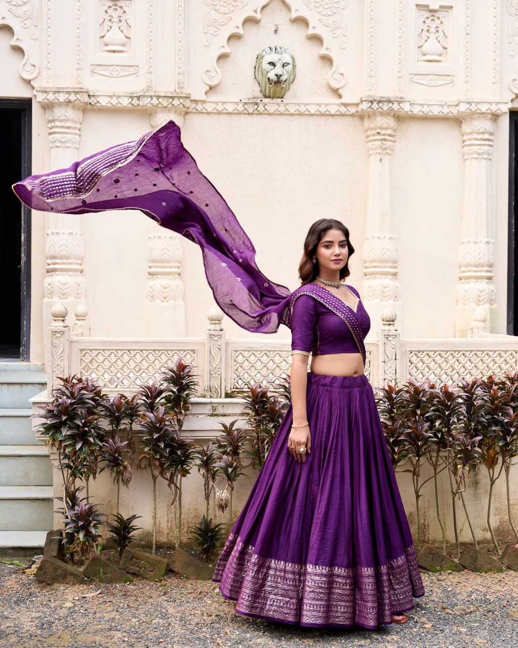 Pure Chanderi Dark Purple Chaniya Choli for Navratri with Zari Weaving Border & Sequins Dupatta