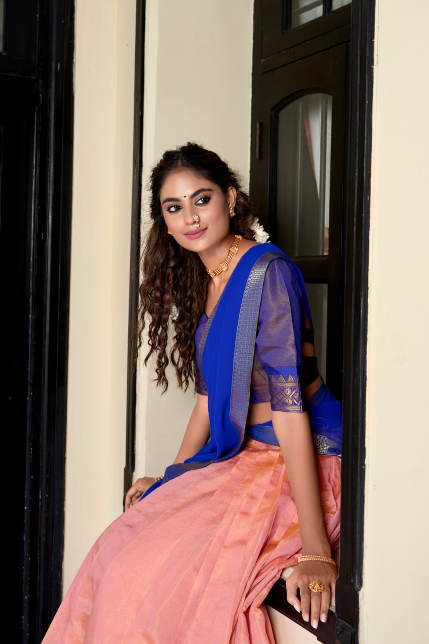 Peach Heritage Kanchipuram Silk Lehenga Choli with Zari Weaving & Dupatta