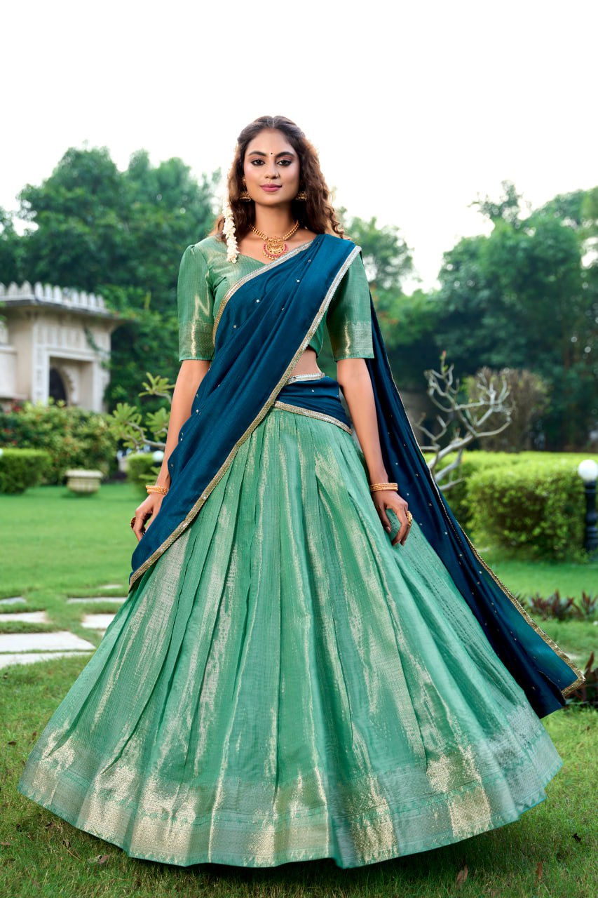 Sea Green Kanchipuram Lehenga Choli with Zari Weaving Work & Vichitra Silk Embroidered Dupatta