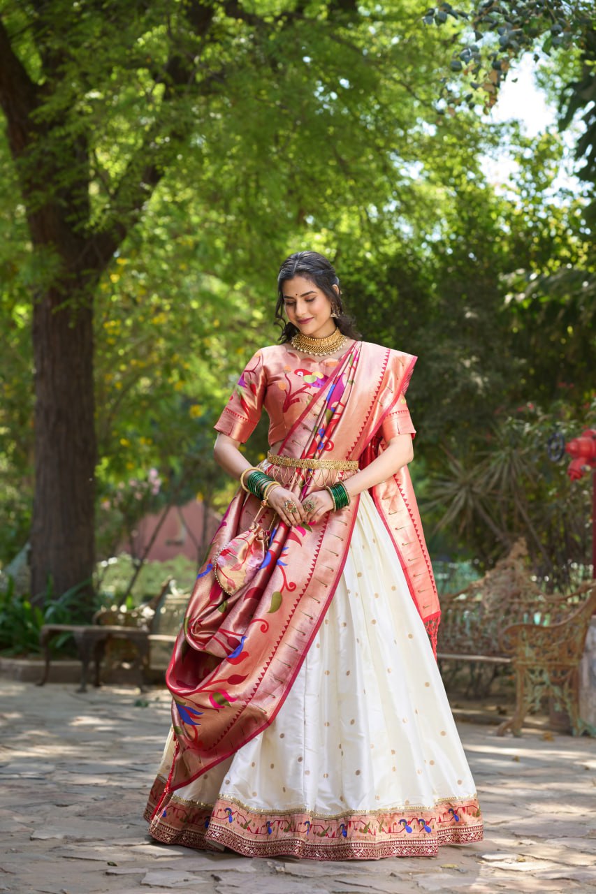 White Heritage Paithani Lehenga Choli with Zari Weaving Work