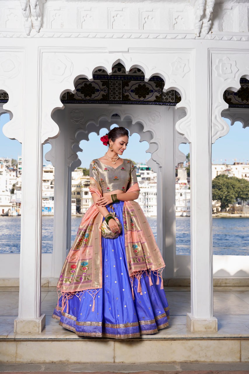 Blue Paithani Traditional Lehenga Choli with Dupatta & Zari Weaving