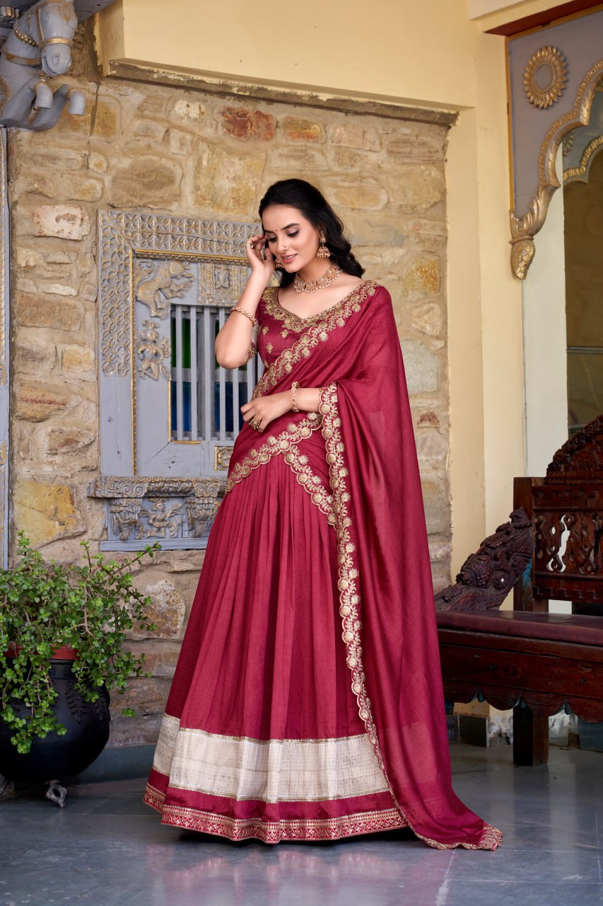 Maroon Party Wear Lehenga Choli with Zari Weaving & Dupatta