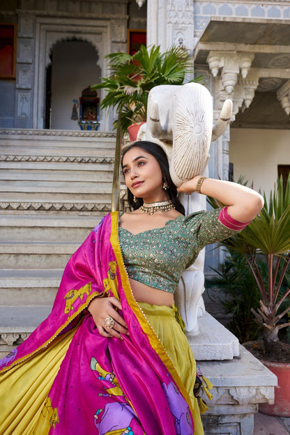 Yellow Kalamkari Lehenga Choli with Foil Work & Gota Patti Dupatta