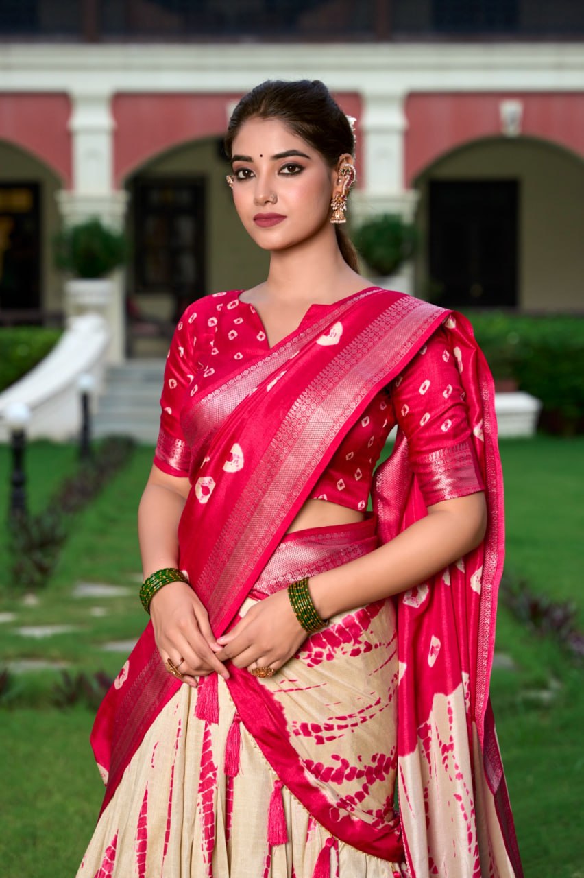 Red Shibori Print Lehenga Choli with Zari Weaving Border & Tassel Dupatta