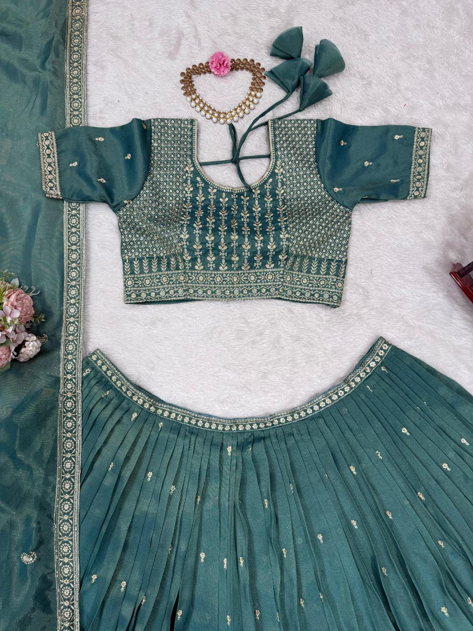 Simmer Silk Sequin Lehenga Choli with Lace Dupatta – 3 Mtr Flair