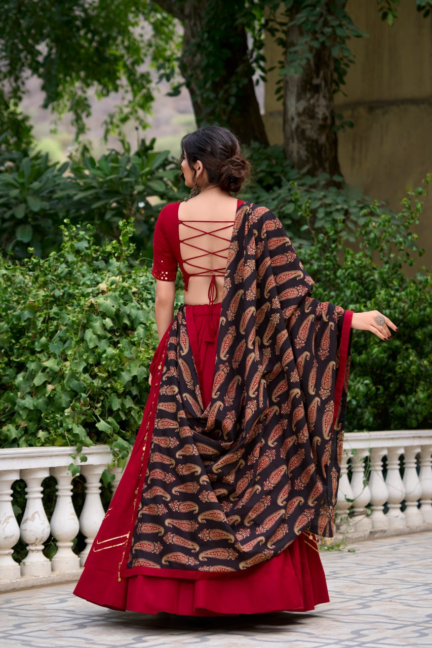 Maroon Pure Cotton Kutchi Hand Work Chaniya Choli with Printed Dupatta for Navratri