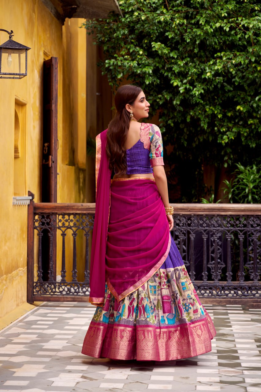 Purple Poly Kalamkari Printed Chanderi Lehenga Choli