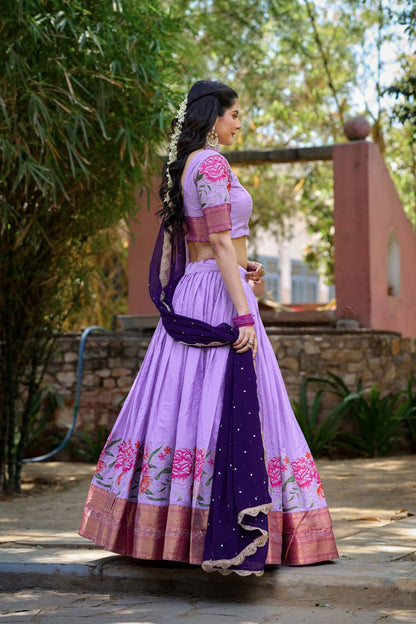 Lavender Cotton Silk Lehenga Choli Thread Embroidery with Drape Georgette Dupatta