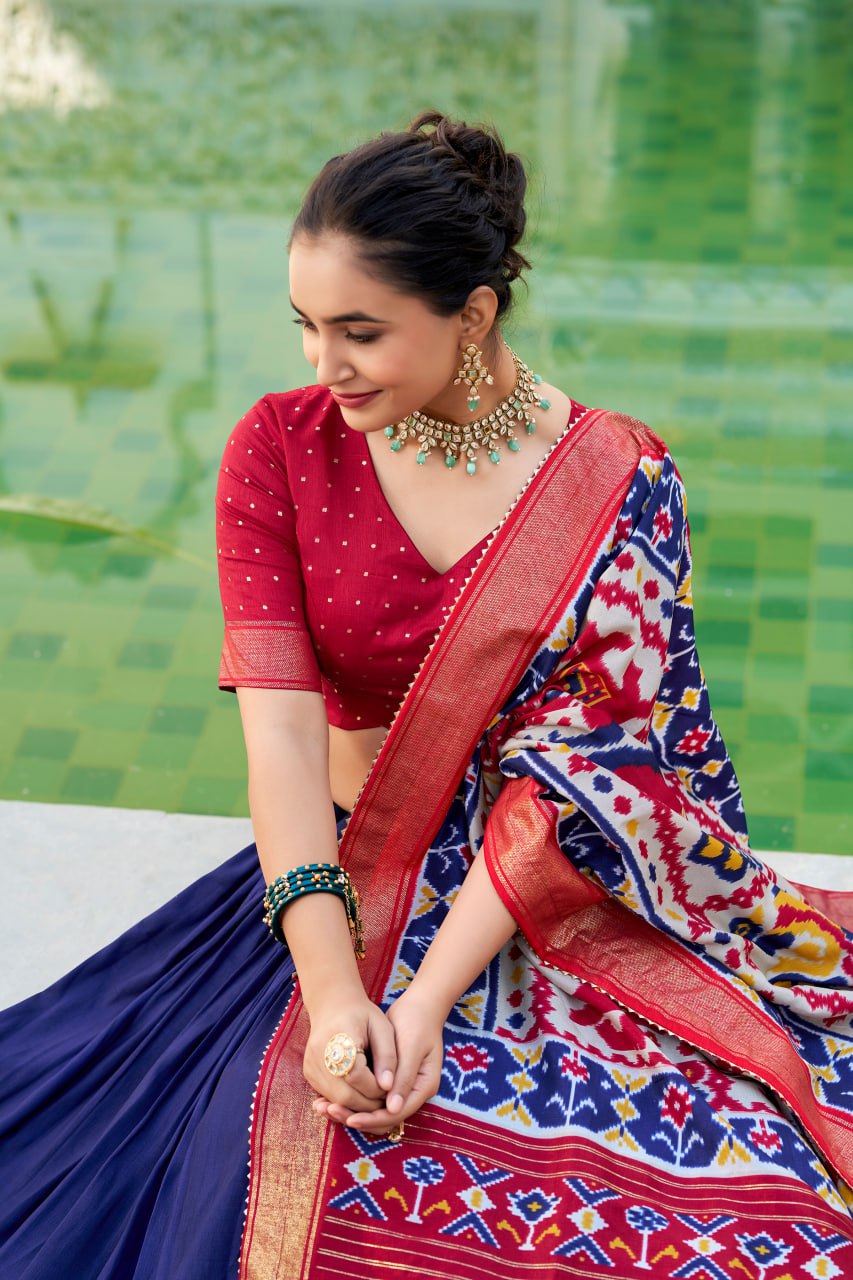 Tussar Silk Traditional Navy Blue Patola Print Chaniya Choli for Navratri with Foil Work & Gotta Patti Dupatta