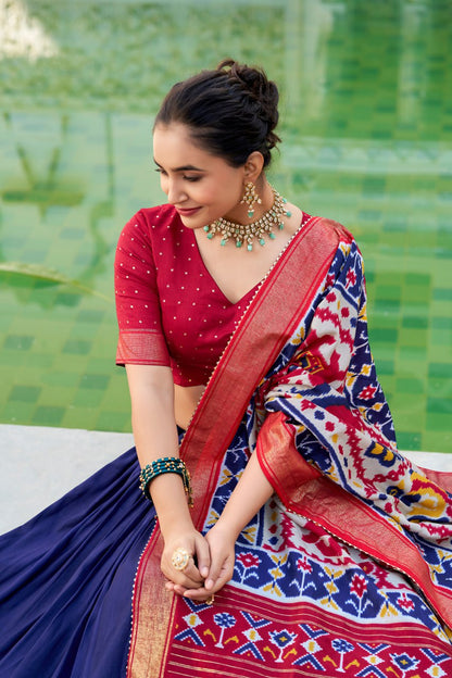 Tussar Silk Traditional Navy Blue Patola Print Chaniya Choli for Navratri with Foil Work & Gotta Patti Dupatta