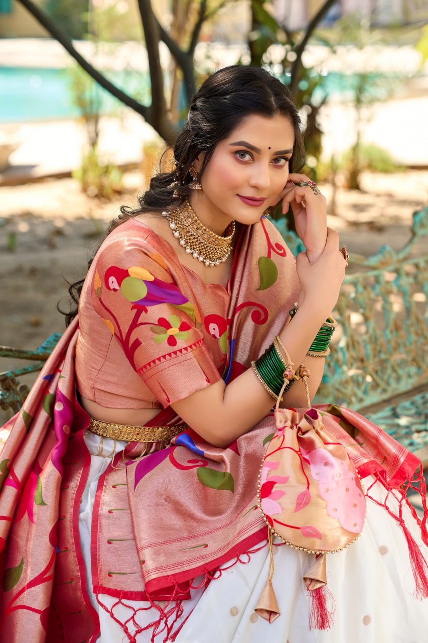 White Heritage Paithani Lehenga Choli with Zari Weaving Work