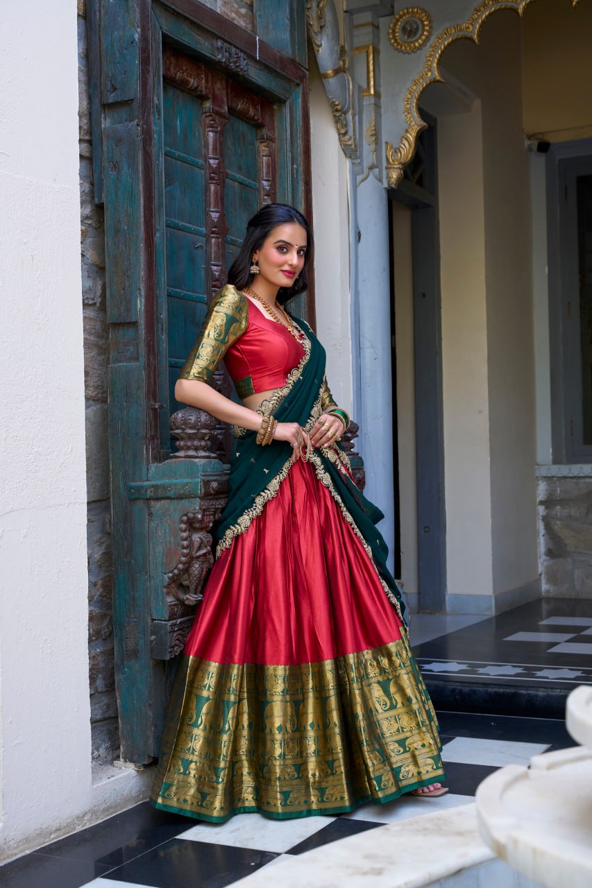 Designer Red Lehenga Choli with Zari Weaving & Dupatta