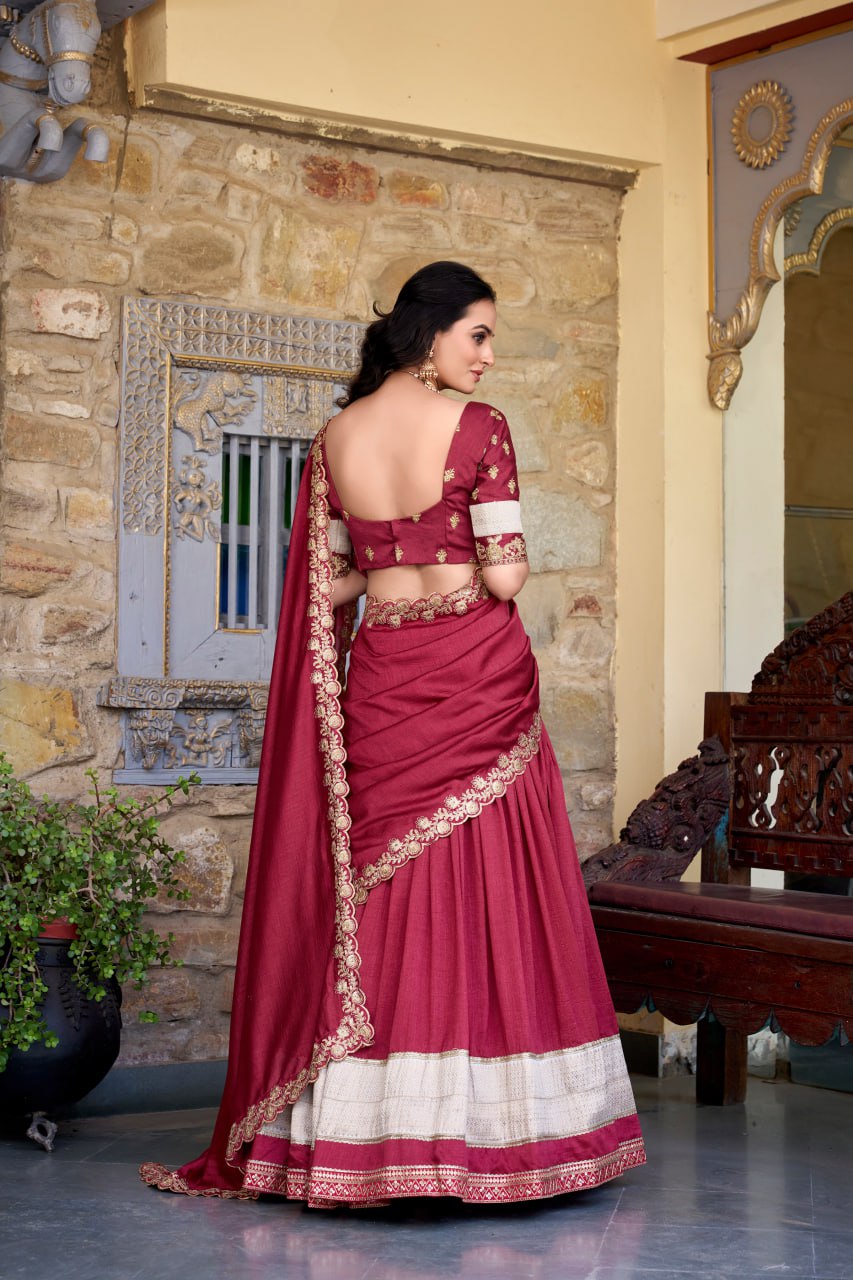 Maroon Party Wear Lehenga Choli with Zari Weaving & Dupatta