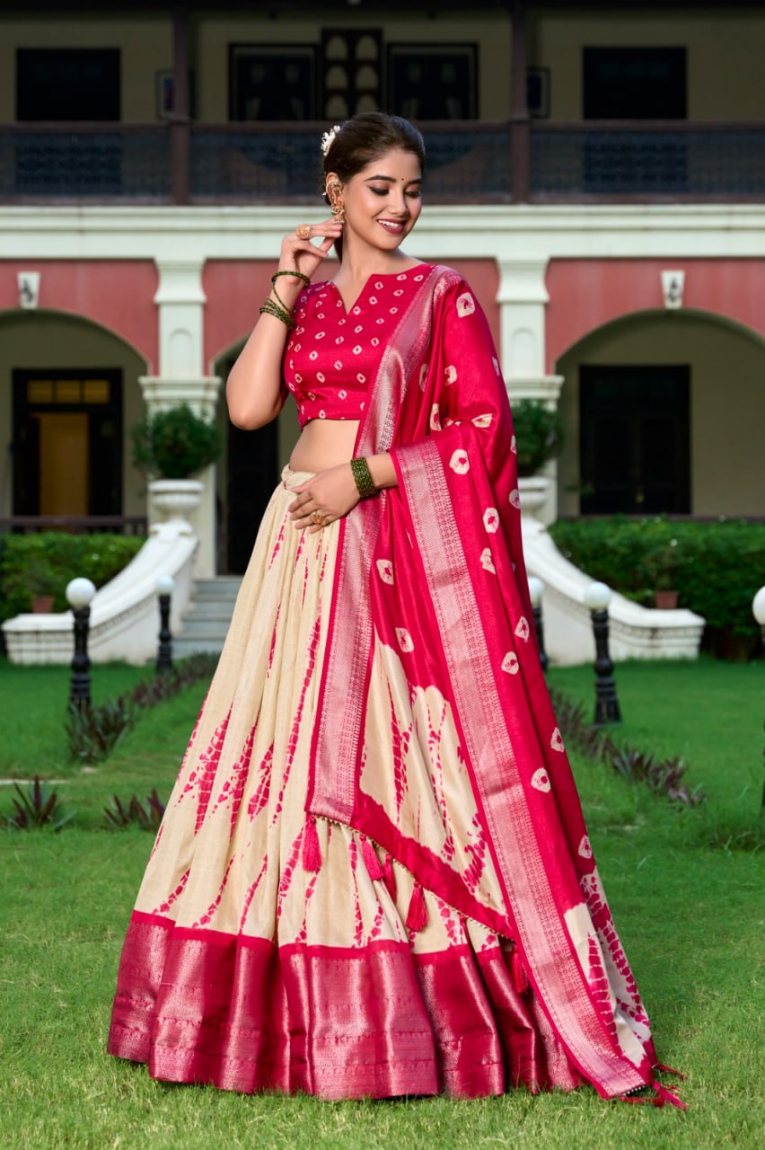 Red Shibori Print Lehenga Choli with Zari Weaving Border & Tassel Dupatta