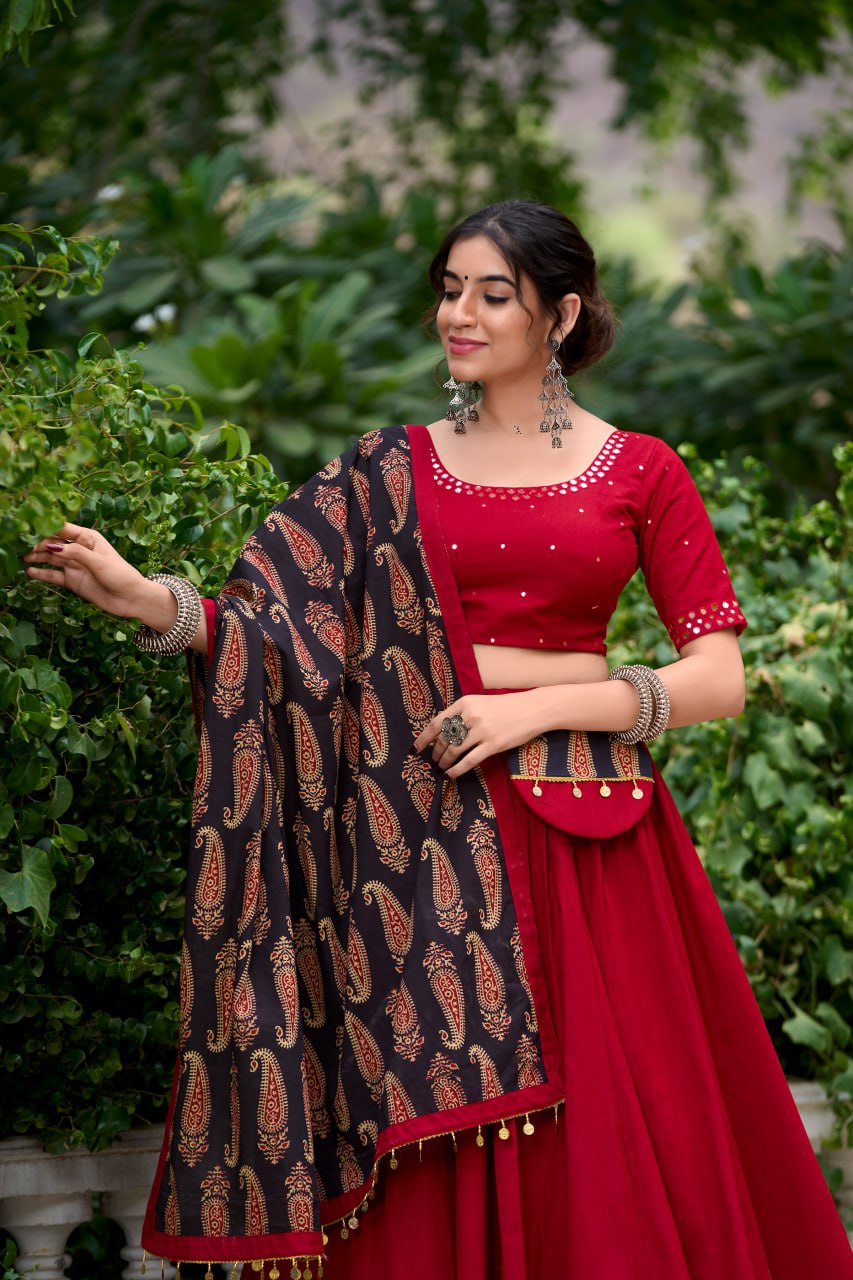 Maroon Pure Cotton Kutchi Hand Work Chaniya Choli with Printed Dupatta for Navratri