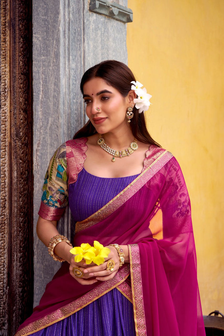 Purple Poly Kalamkari Printed Chanderi Lehenga Choli