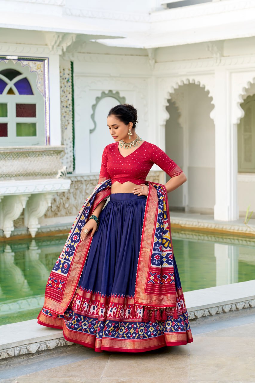 Tussar Silk Traditional Navy Blue Patola Print Chaniya Choli for Navratri with Foil Work & Gotta Patti Dupatta