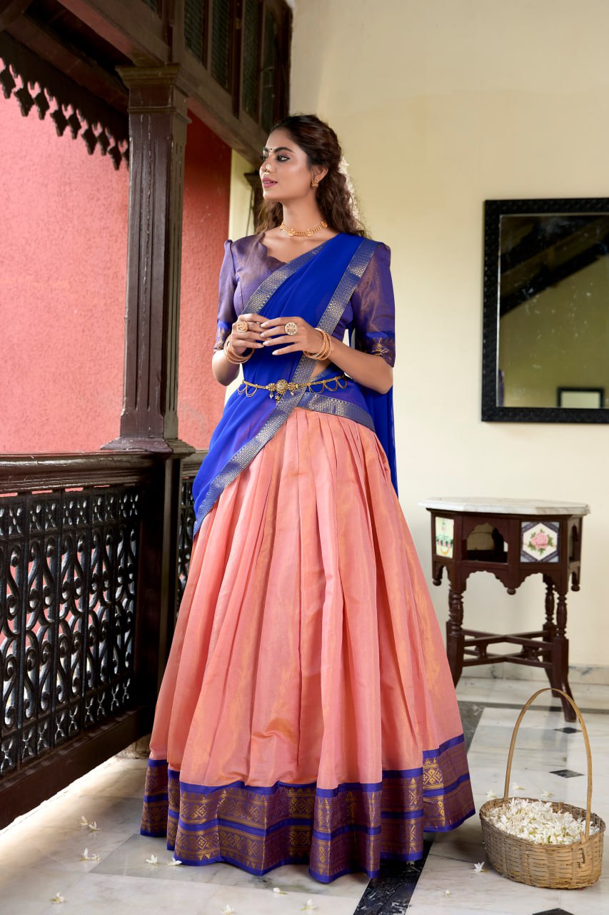 Peach Heritage Kanchipuram Silk Lehenga Choli with Zari Weaving & Dupatta