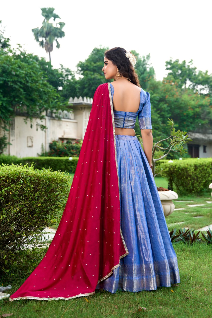 Turquoise Kanchipuram Lehenga Choli with Zari Weaving Work & Vichitra Silk Embroidered Dupatta