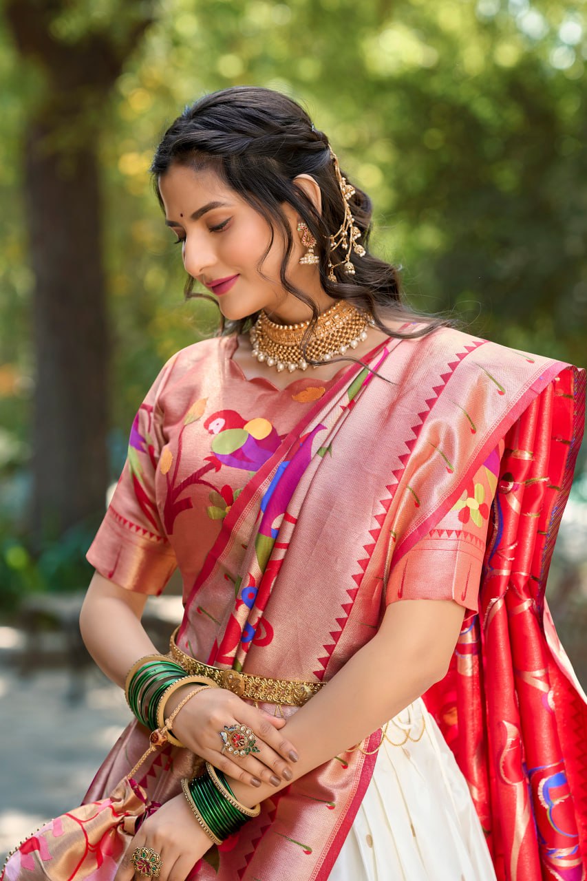 White Heritage Paithani Lehenga Choli with Zari Weaving Work