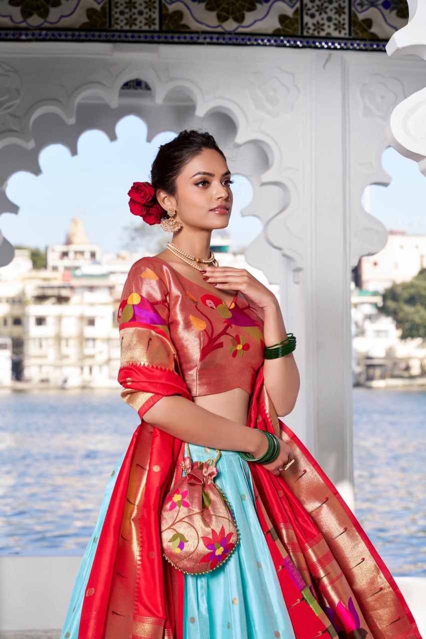 Sky Blue Paithani Traditional Lehenga Choli with Dupatta & Zari Weaving