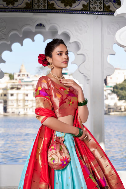 Sky Blue Paithani Traditional Lehenga Choli with Dupatta & Zari Weaving