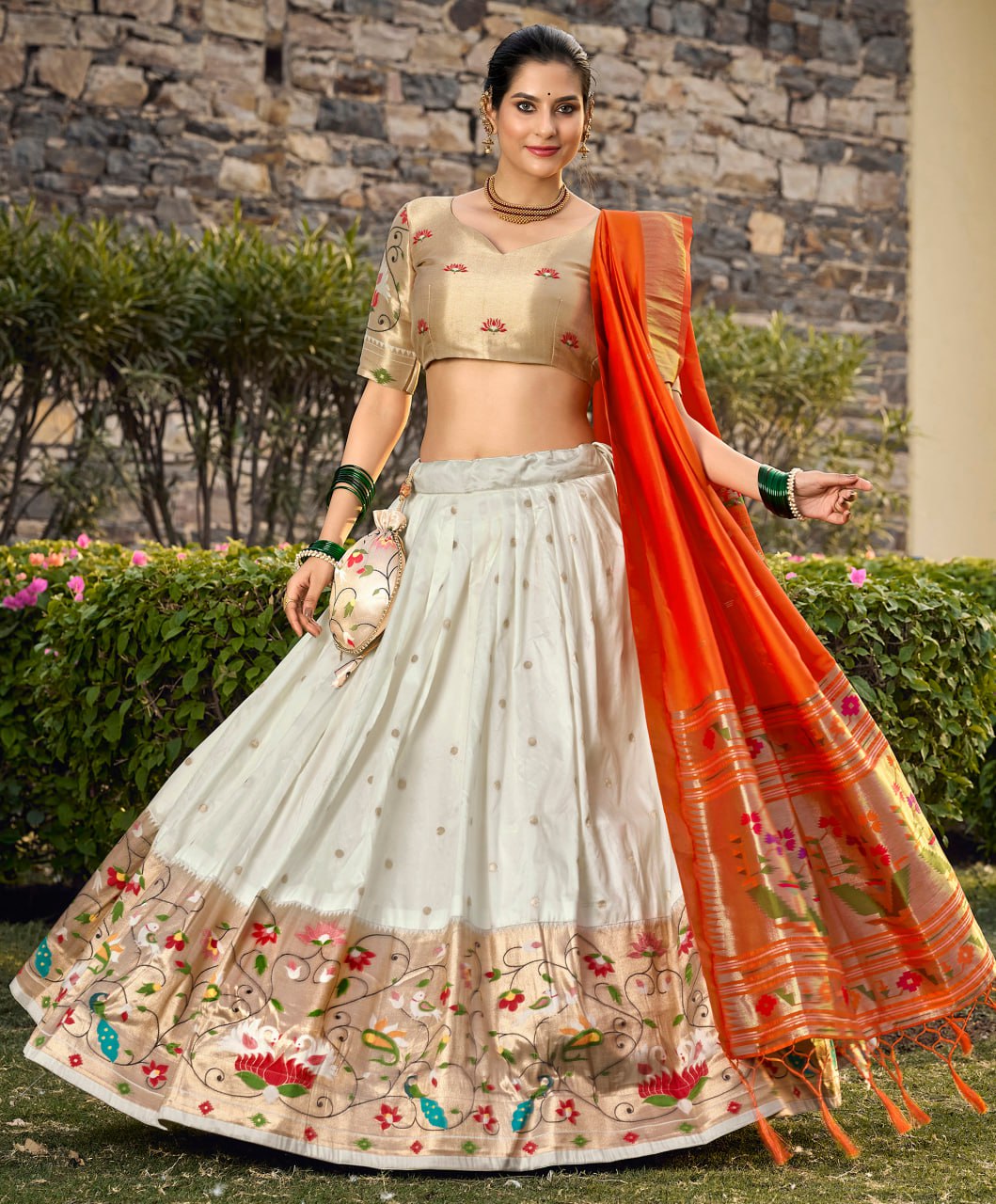 White Paithani Lehenga Choli with Zari Weaving Work, Dupatta & Batwa
