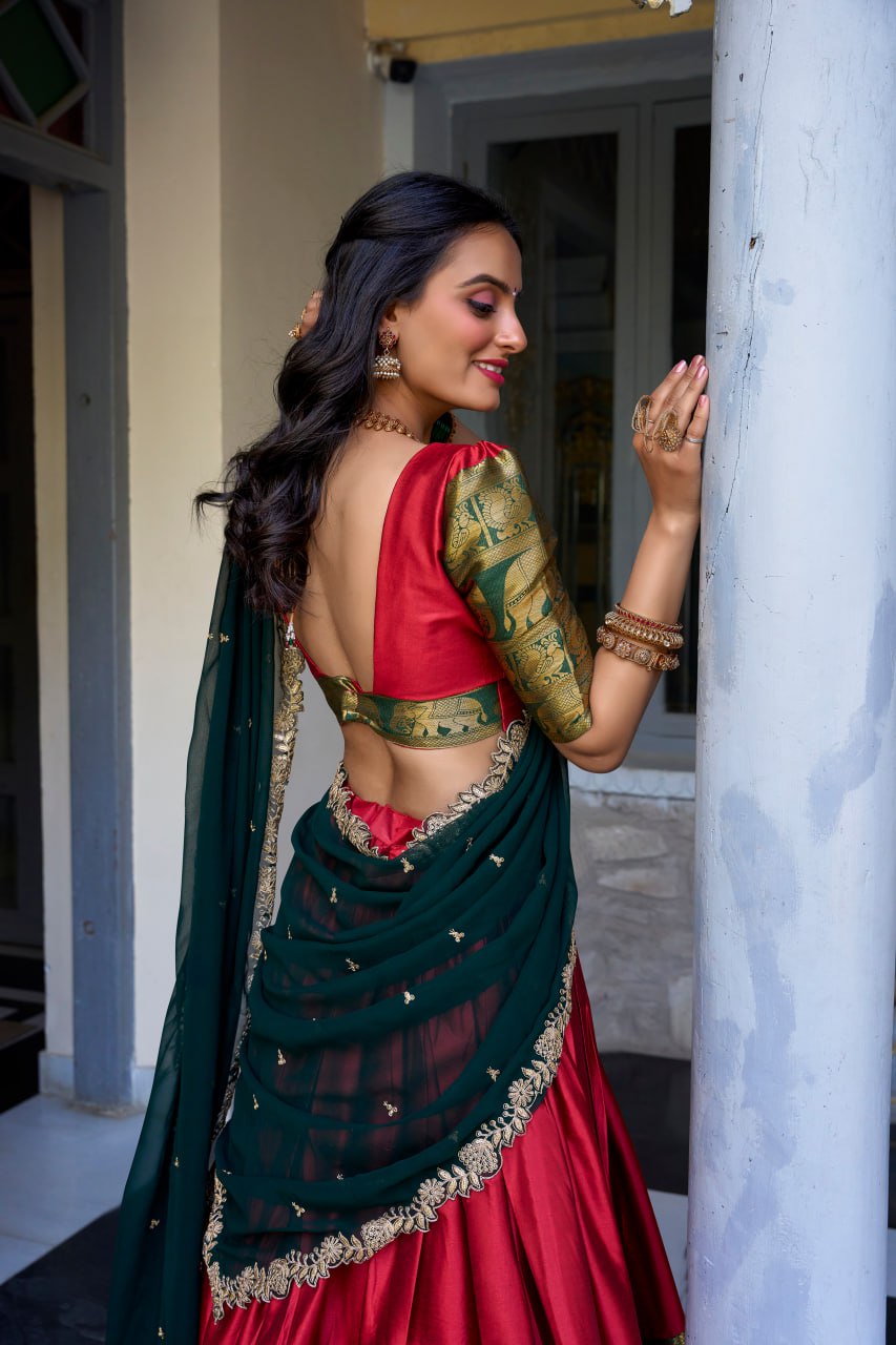 Designer Red Lehenga Choli with Zari Weaving & Dupatta