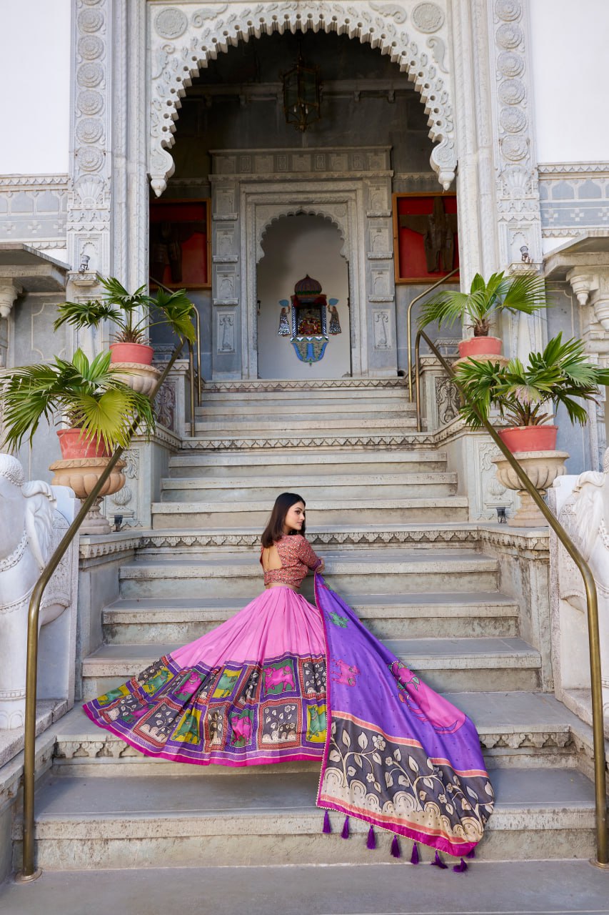 Peach Kalamkari Lehenga Choli with Foil Work & Gota Patti Dupatta