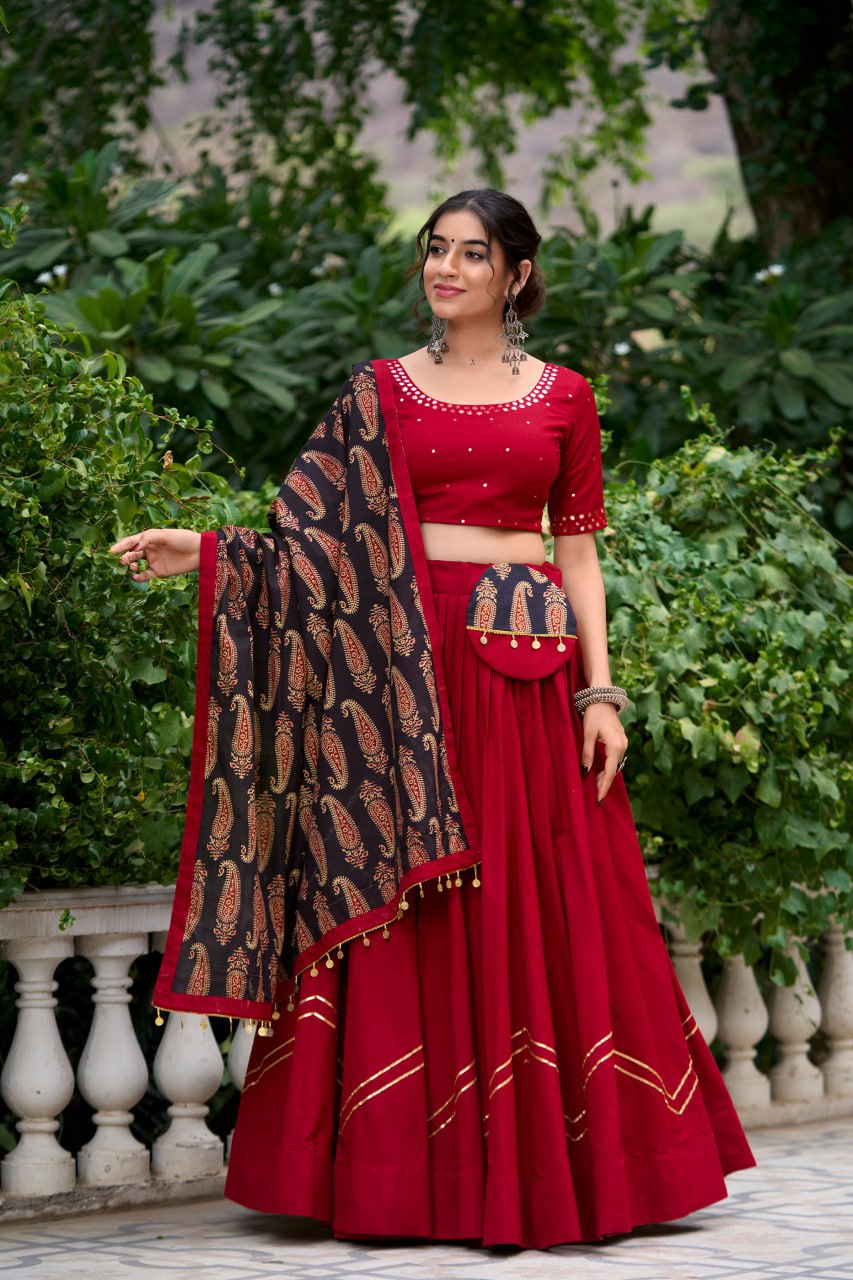 Maroon Pure Cotton Kutchi Hand Work Chaniya Choli with Printed Dupatta for Navratri