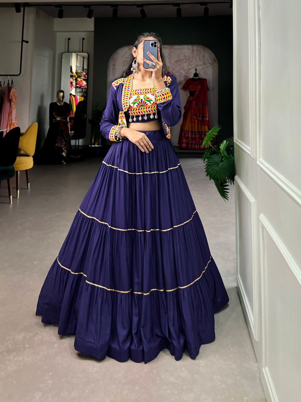 Navratri Lehenga Choli with Koti, Pure Rayon Lehenga Set, Gamthi Work Festival Wear Outfit, Gota Patti Lehenga for Navratri, Designer Navratri Chaniya Choli 2025, Stitched Lehenga Choli with Jacket, Traditional Indian Lehenga Outfit, Cowrie Lace Work Lehenga Choli, Women’s Navratri Garba Dress, Rayon Lehenga Choli with Gamthi Embroidery