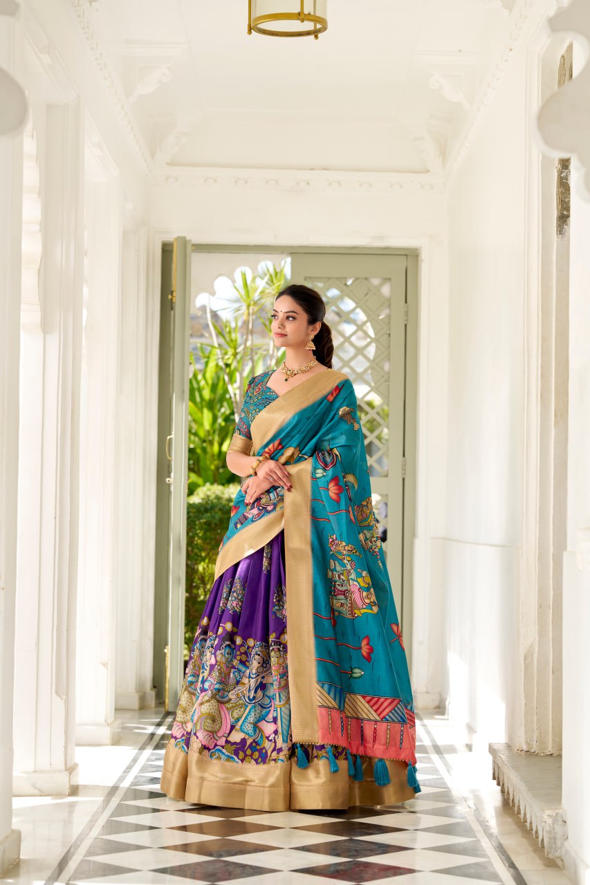 Dola Silk Lehenga Choli, Kalamkari Print Garba Choli, Festival Wear Lehenga Choli 2025, Designer Silk Lehenga for Women, Traditional Garba Outfit Online, Weaving Border Lehenga Choli Set, Tassel Dupatta Lehenga Choli, Indian Ethnic Wear for Festivals, Stitched Dola Silk Lehenga Set, Kalamkari Print Silk Chaniya Choli