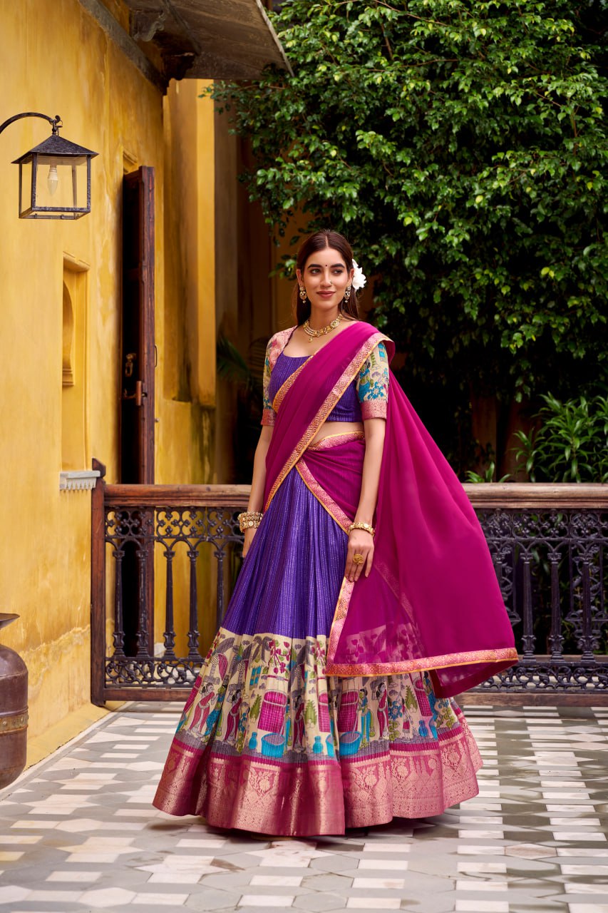 Purple Poly Kalamkari Printed Chanderi Lehenga Choli